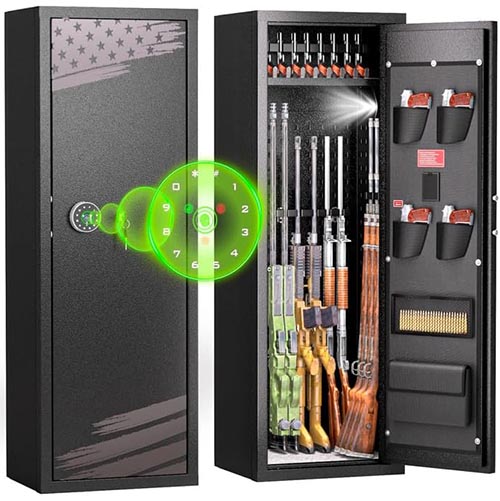 Atripark Fingerprint Rifle Safe, 10-12 Gun Safes for Home Rifle and Pistols with LED Light, Unassembled Gun Cabinets with Adjustable Pistol Rack, Pockets