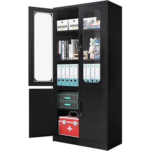 Atripzrk Metal Storage Cabinet with Glass Door, Locking Storage Cabinet with Doors, 72" Lockable Office Storage Cabinet, Black Steel Storage Bookcase with 3 Adjustable Shelves for Office, Home